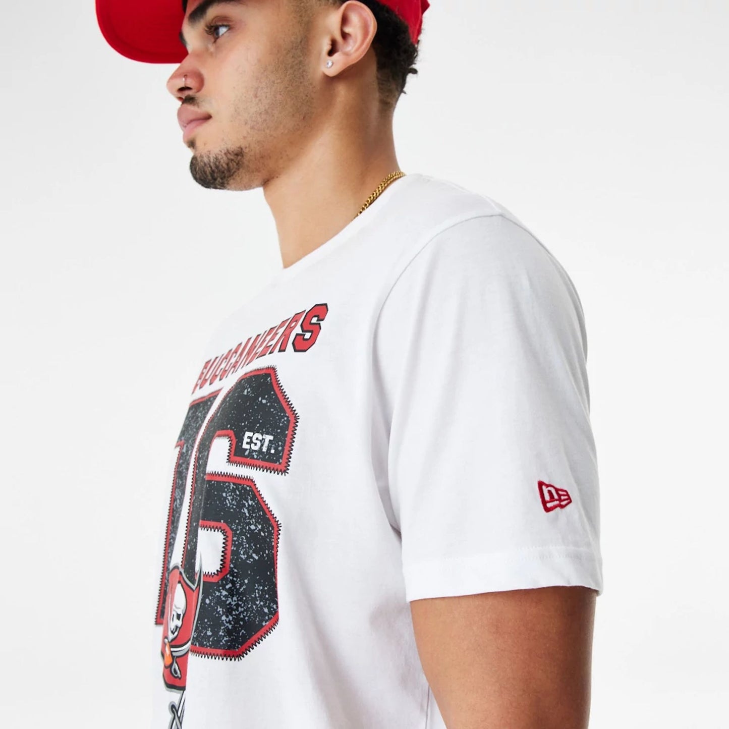 The Male model is wearing Tampa Bay Buccaneers NFL Wordmark White T-Shirt 4