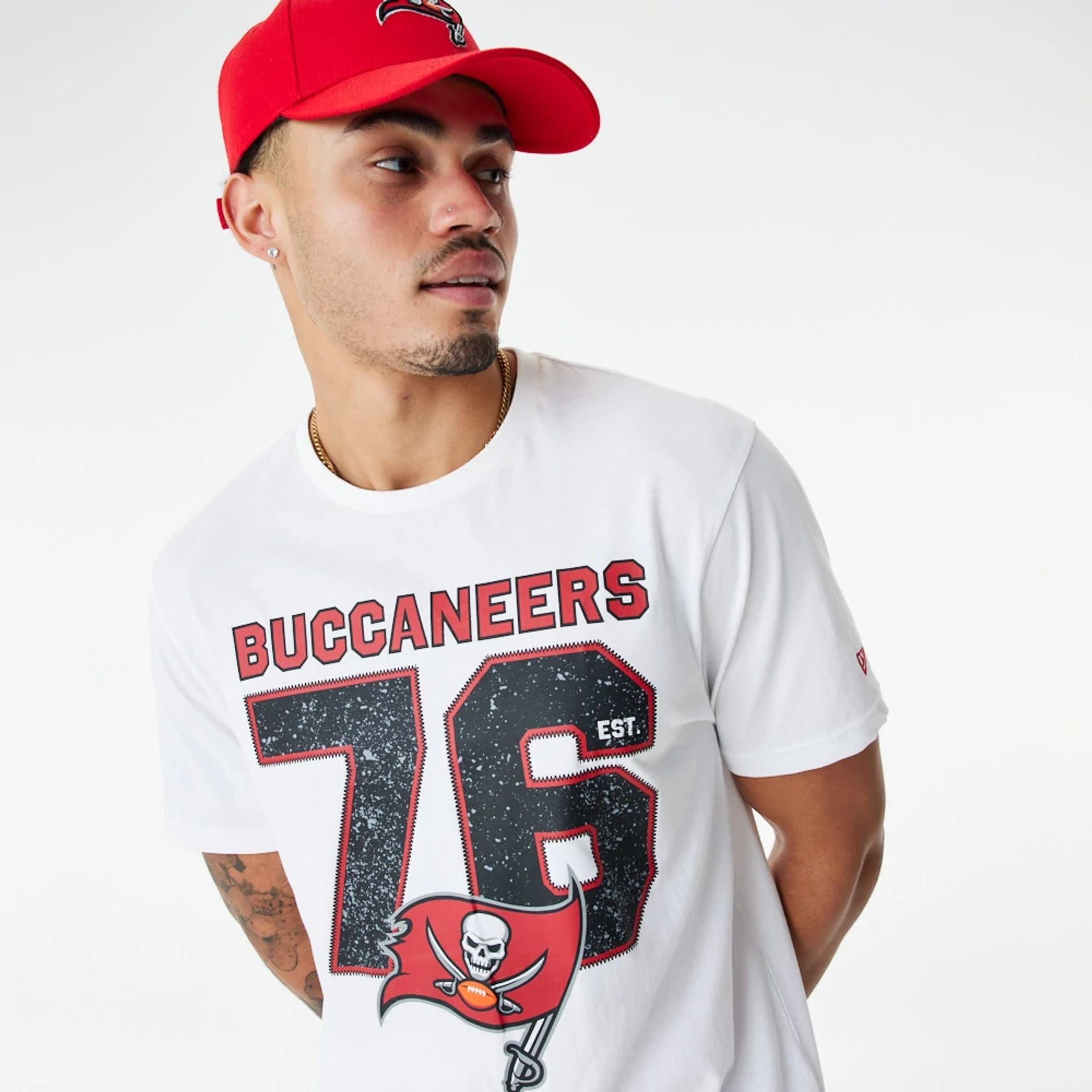 The Male model is wearing Tampa Bay Buccaneers NFL Wordmark White T-Shirt 1