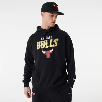 The Male model is wearing Chicago Bulls Team Script Black Oversized Hoodie 8