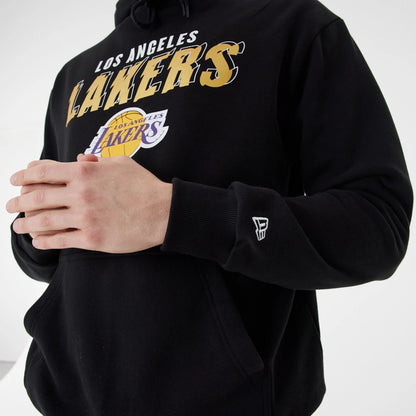 The Male model is wearing LA Lakers Team Script Black Oversized Hoodie 6