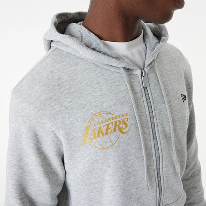 The Male model is wearing LA Lakers Team Script Grey Full Zip Hoodie 1