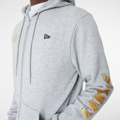 The Male model is wearing LA Lakers Team Script Grey Full Zip Hoodie 2