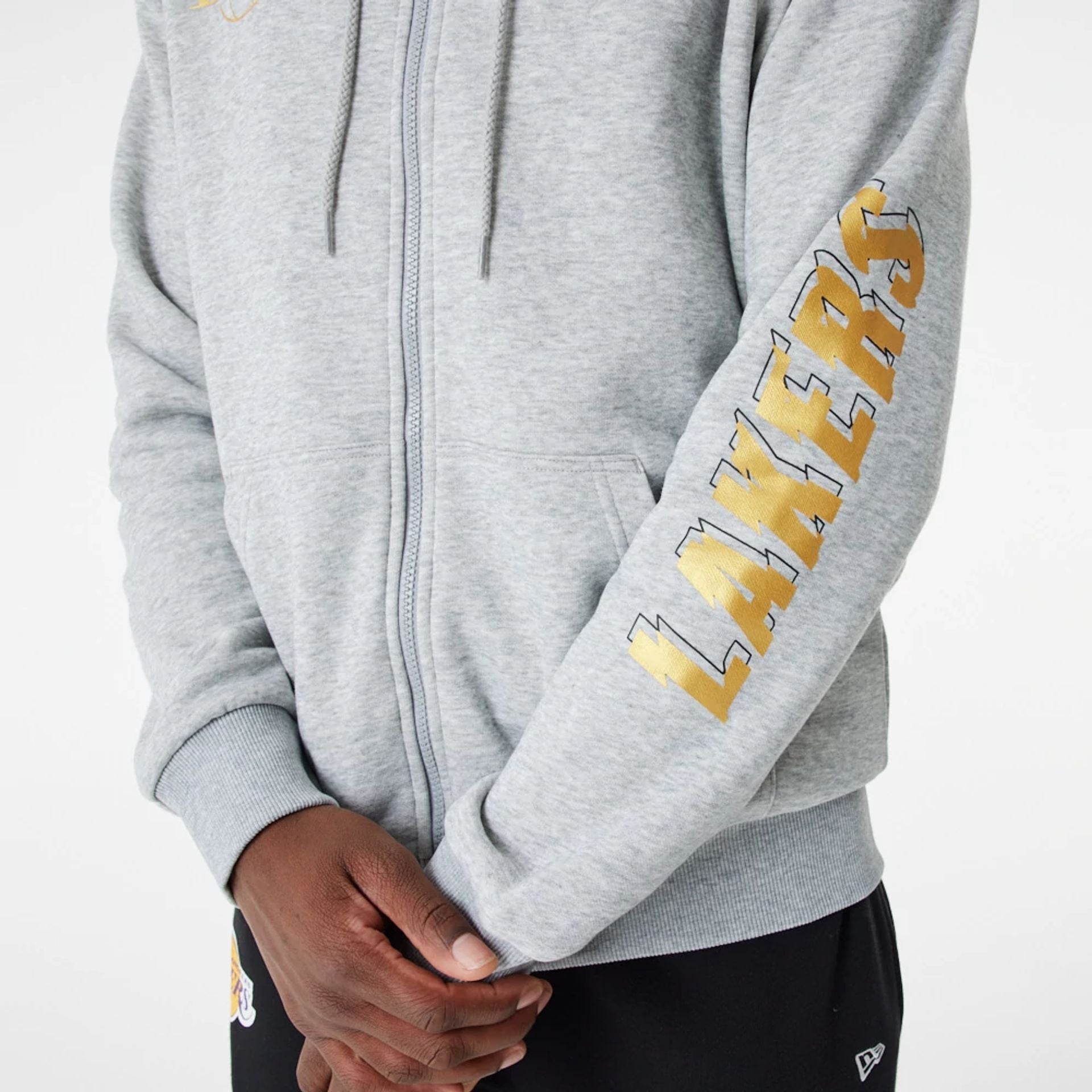 The Male model is wearing LA Lakers Team Script Grey Full Zip Hoodie 3