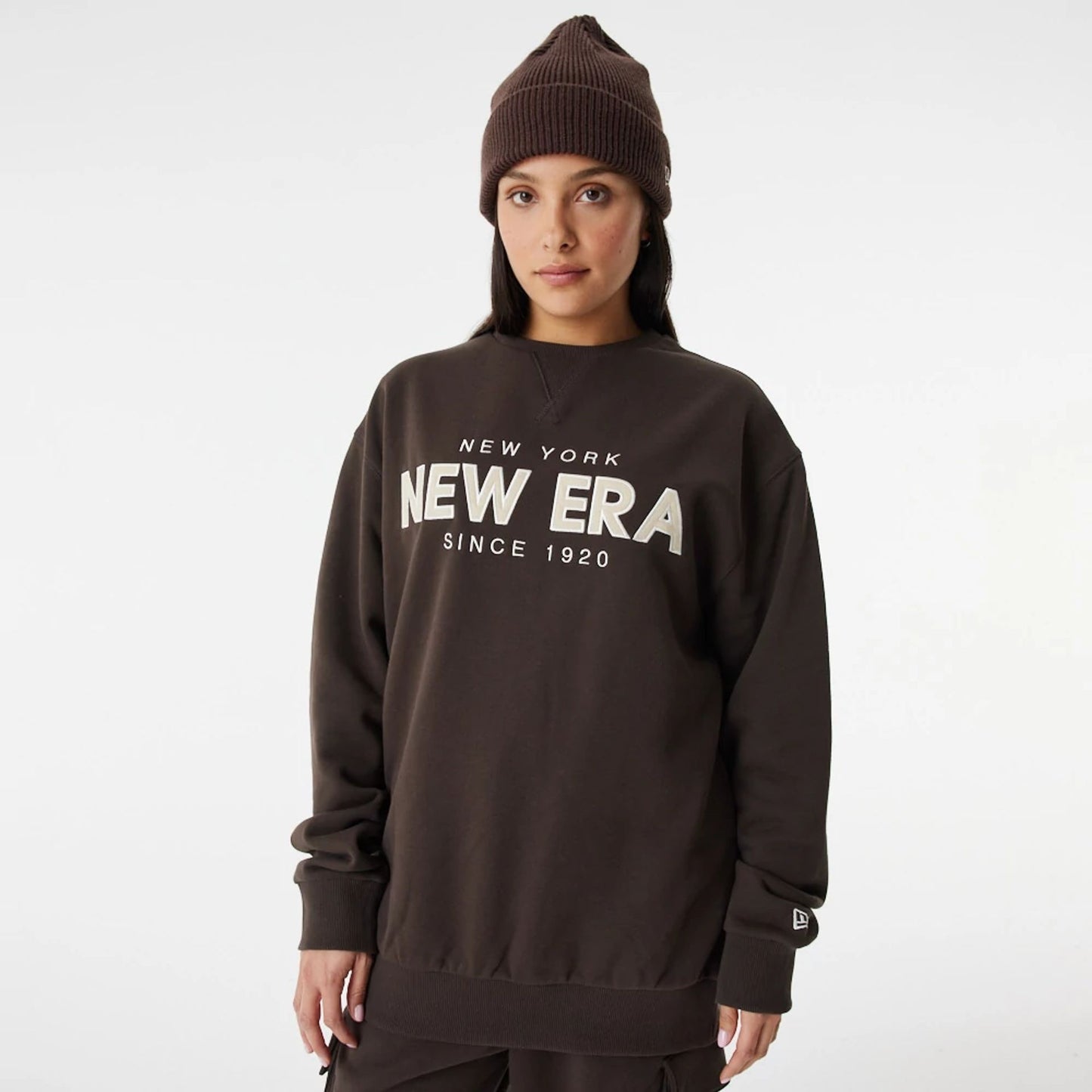 The Male model is wearing New Era Heritage Brown Crew Neck Sweatshirt 7