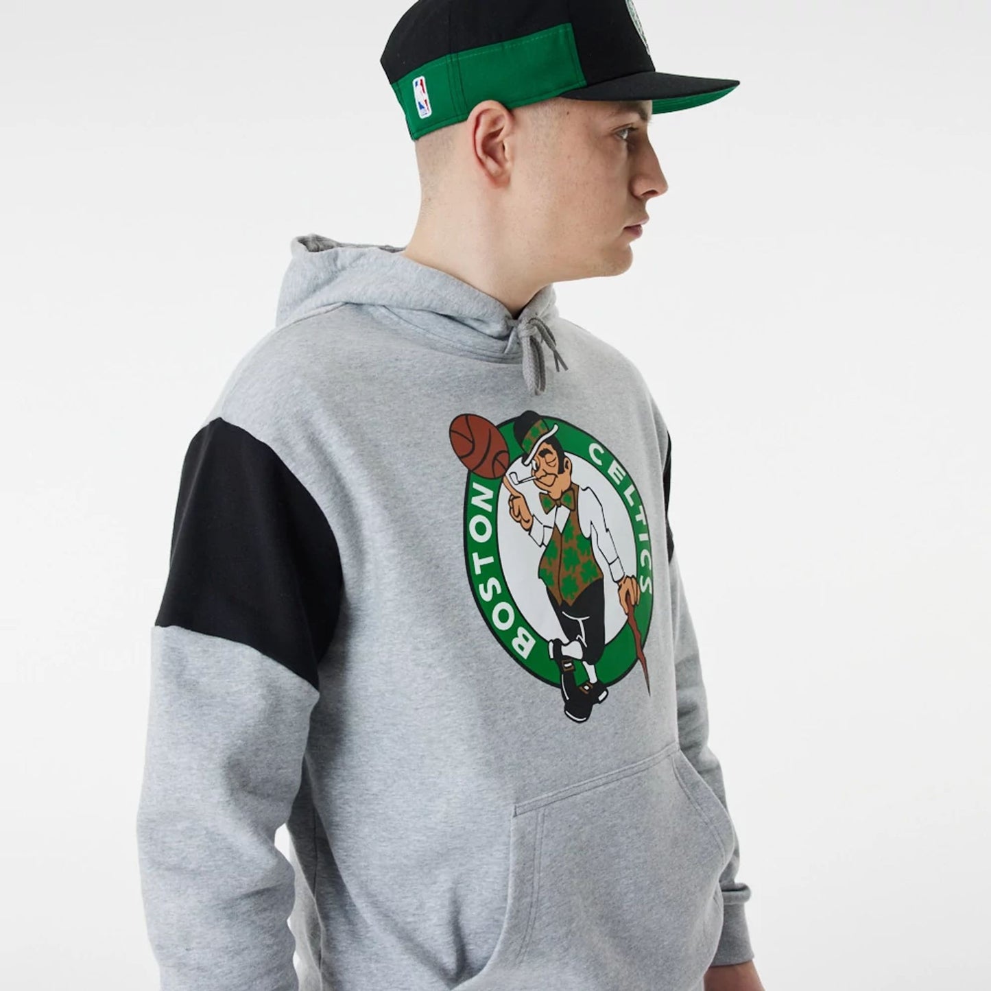 The Male model is wearing Boston Celtics NBA Colour Block Grey Oversized Hoodie 5