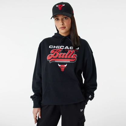 The Male model is wearing Chicago Bulls NBA Retro Graphic Black Oversized Hoodie 5