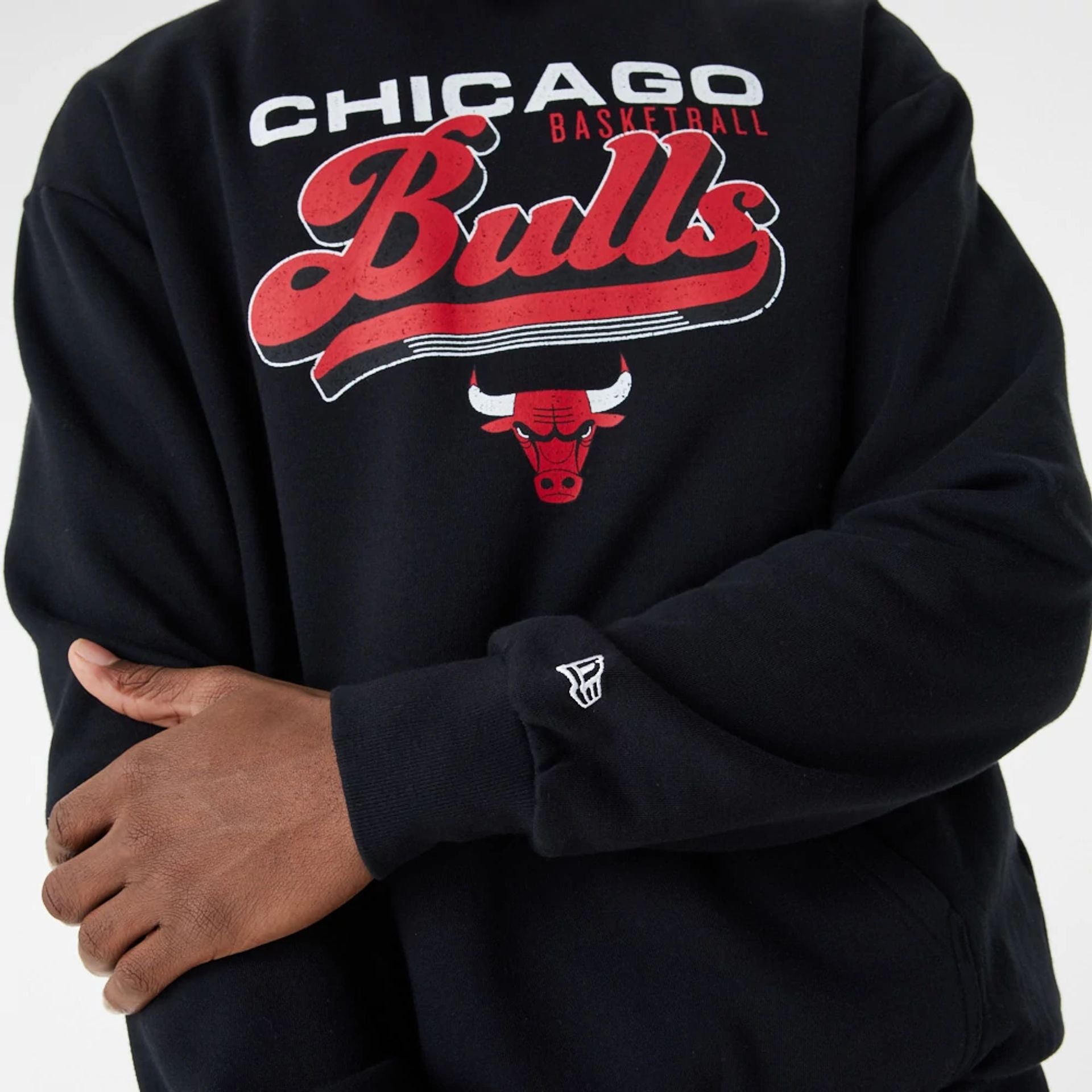 The Male model is wearing Chicago Bulls NBA Retro Graphic Black Oversized Hoodie 4