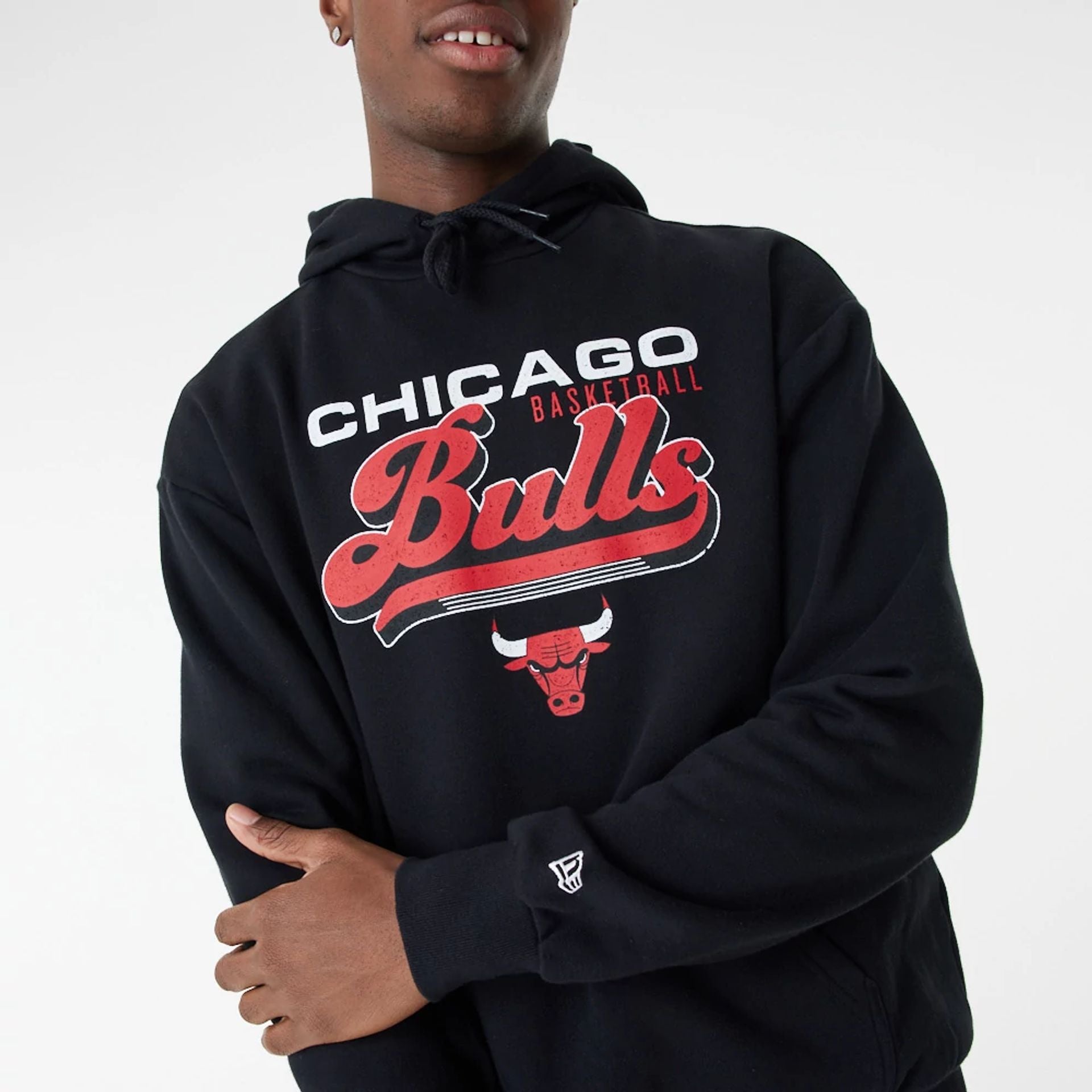 The Male model is wearing Chicago Bulls NBA Retro Graphic Black Oversized Hoodie 2