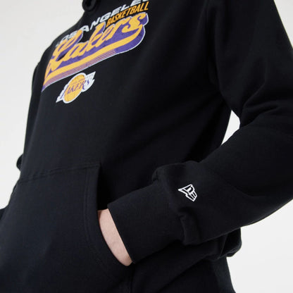 The Male model is wearing LA Lakers NBA Retro Graphic Black Oversized Hoodie 3