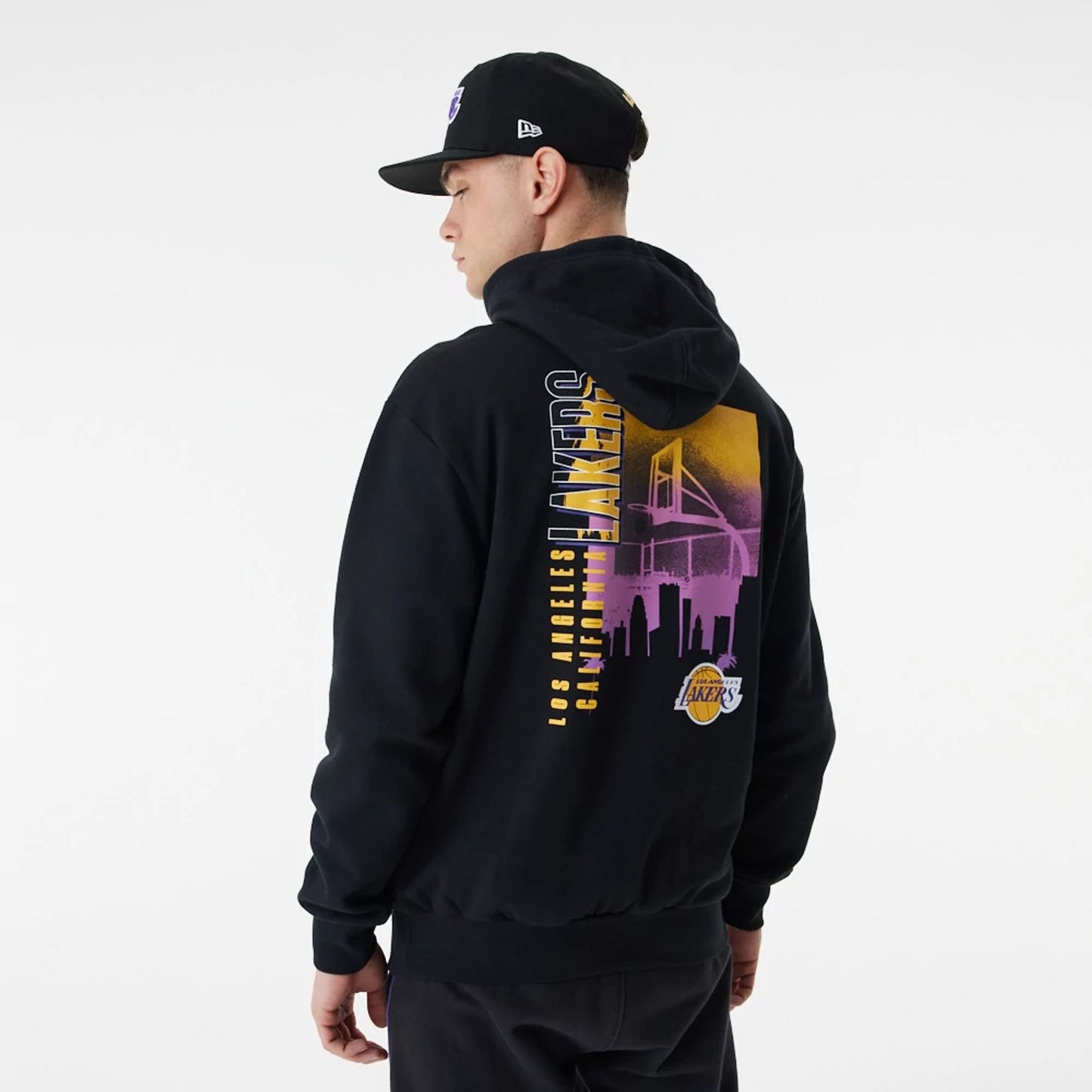 The Male model is wearing LA Lakers Skyline Graphic Black Oversized Hoodie 6