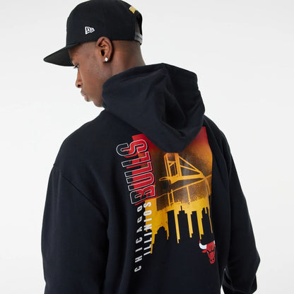 The Male model is wearing Chicago Bulls Skyline Graphic Black Oversized Hoodie 6