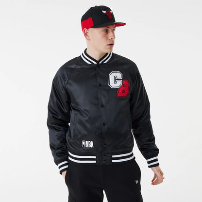 The Male model is wearing Chicago Bulls NBA Black Satin Bomber Jacket 1