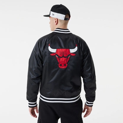 The Male model is wearing Chicago Bulls NBA Black Satin Bomber Jacket 7