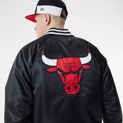 The Male model is wearing Chicago Bulls NBA Black Satin Bomber Jacket 2