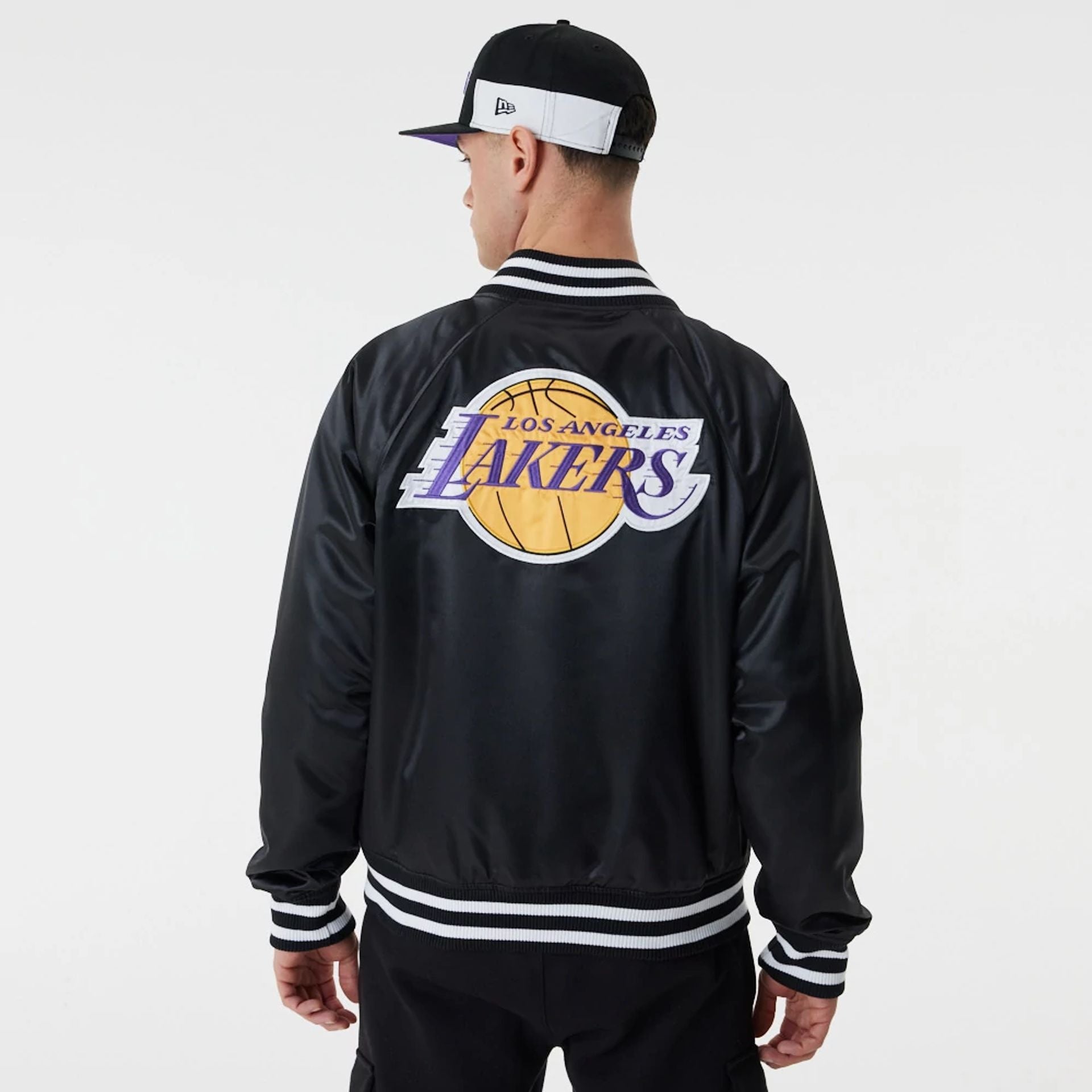 The Male model is wearing LA Lakers NBA Black Satin Bomber Jacket 7