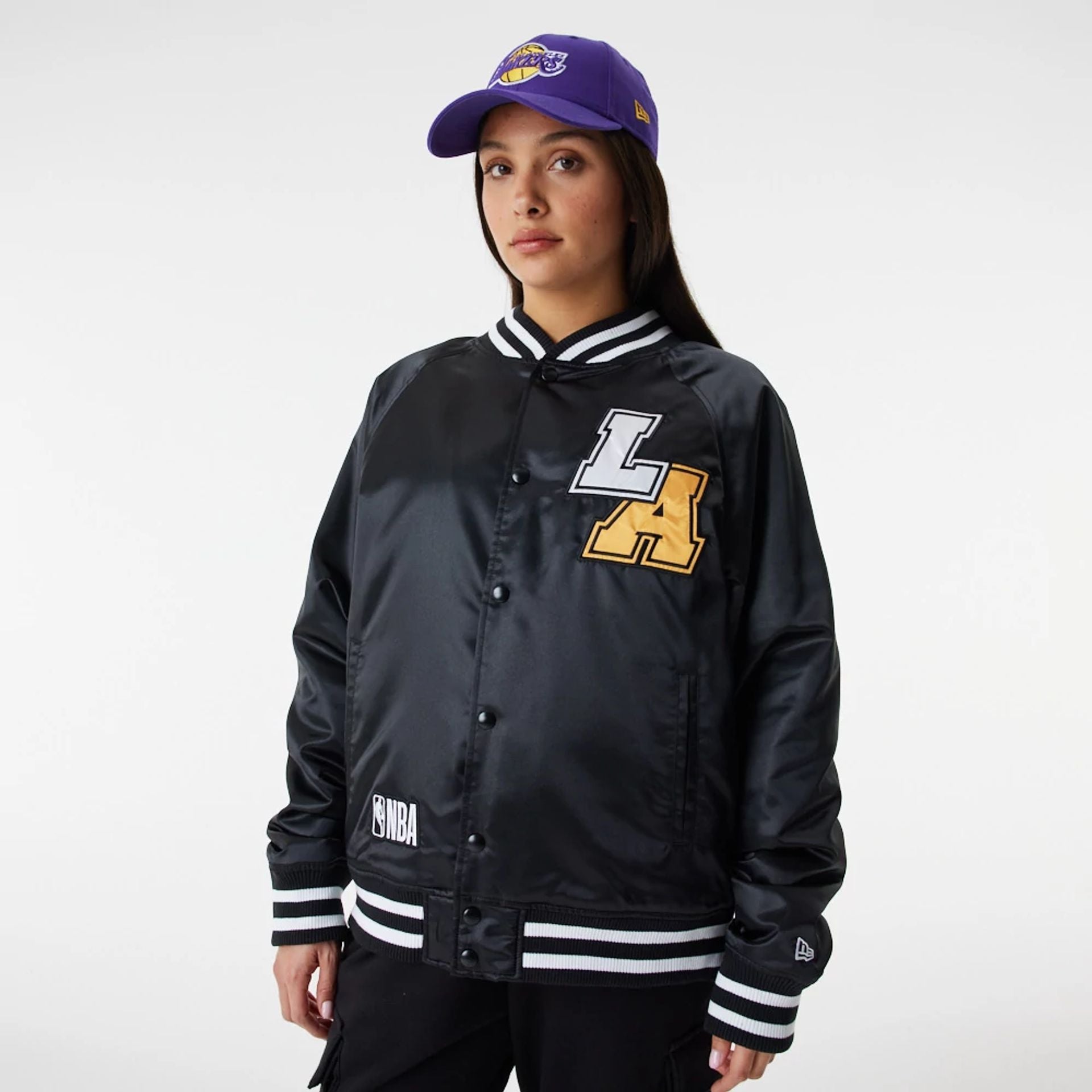 The Male model is wearing LA Lakers NBA Black Satin Bomber Jacket 9