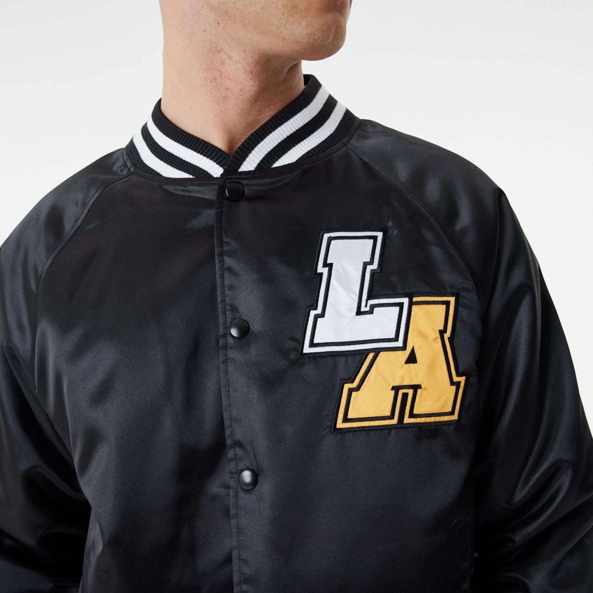 The Male model is wearing LA Lakers NBA Black Satin Bomber Jacket 2