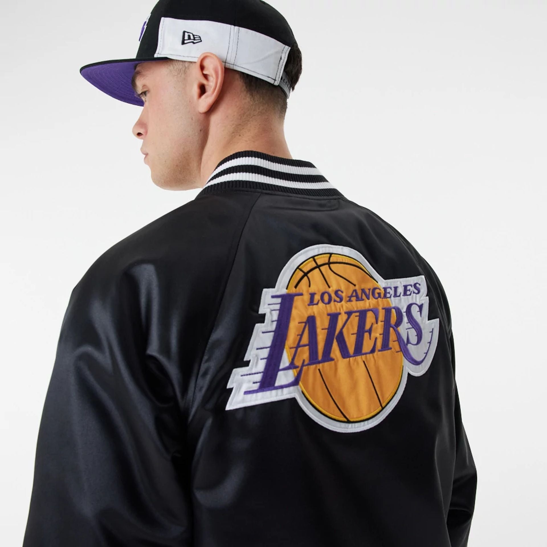 The Male model is wearing LA Lakers NBA Black Satin Bomber Jacket 5