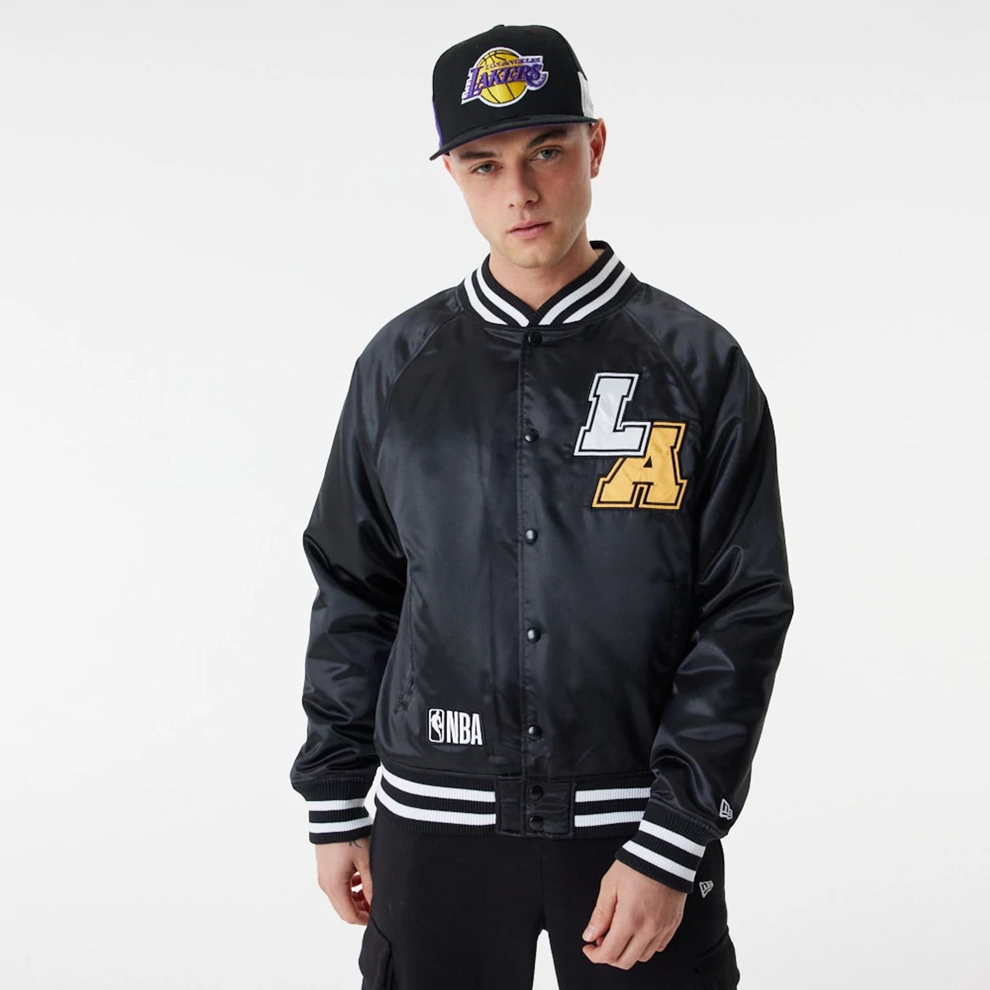 The Male model is wearing LA Lakers NBA Black Satin Bomber Jacket 6