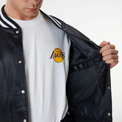 The Male model is wearing LA Lakers NBA Black Satin Bomber Jacket 4