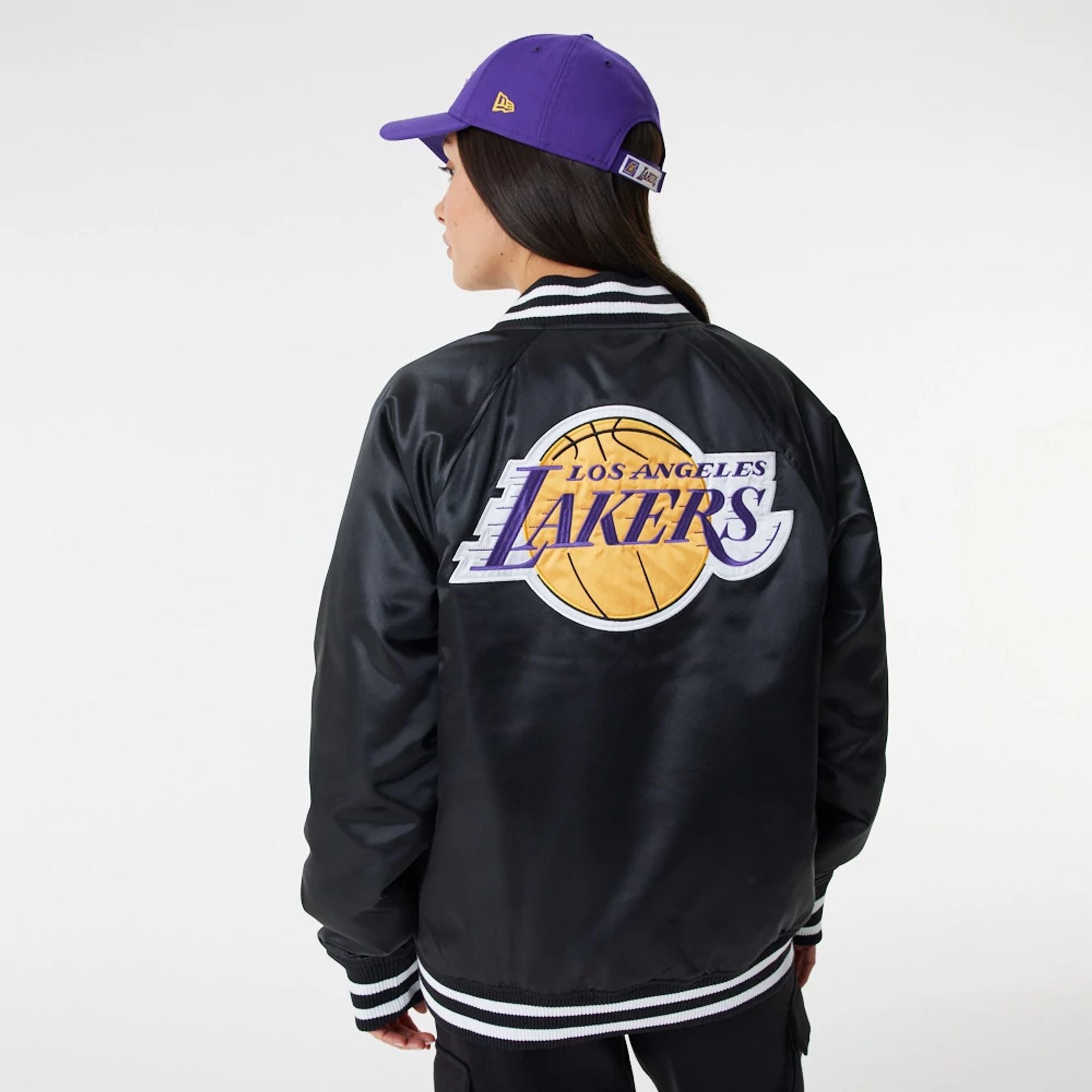 The Male model is wearing LA Lakers NBA Black Satin Bomber Jacket 3