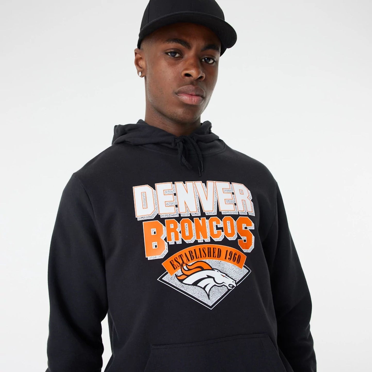 The Male model is wearing Denver Broncos NFL Team Graphic Black Pullover Hoodie 1