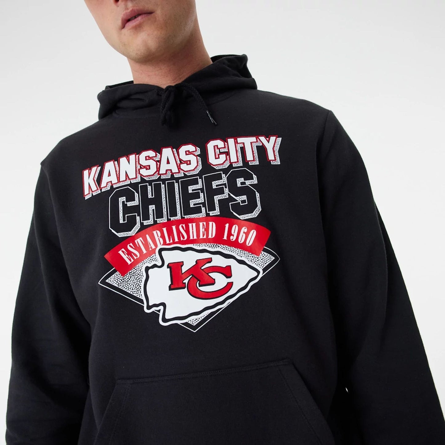 The Male model is wearing Kansas City Chiefs NFL Team Graphic Black Pullover Hoodie 2