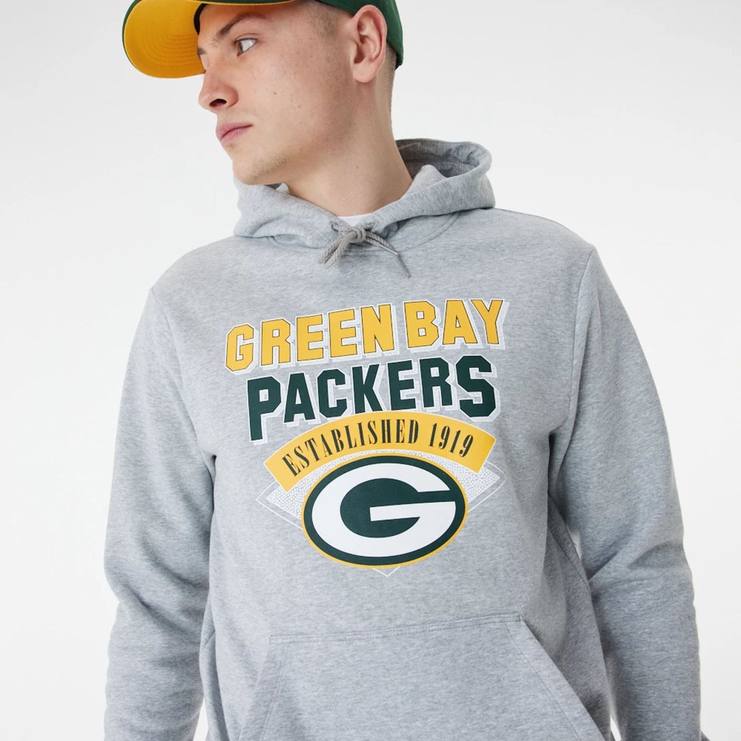 The Male model is wearing Green Bay Packers NFL Team Graphic Grey Pullover Hoodie 5