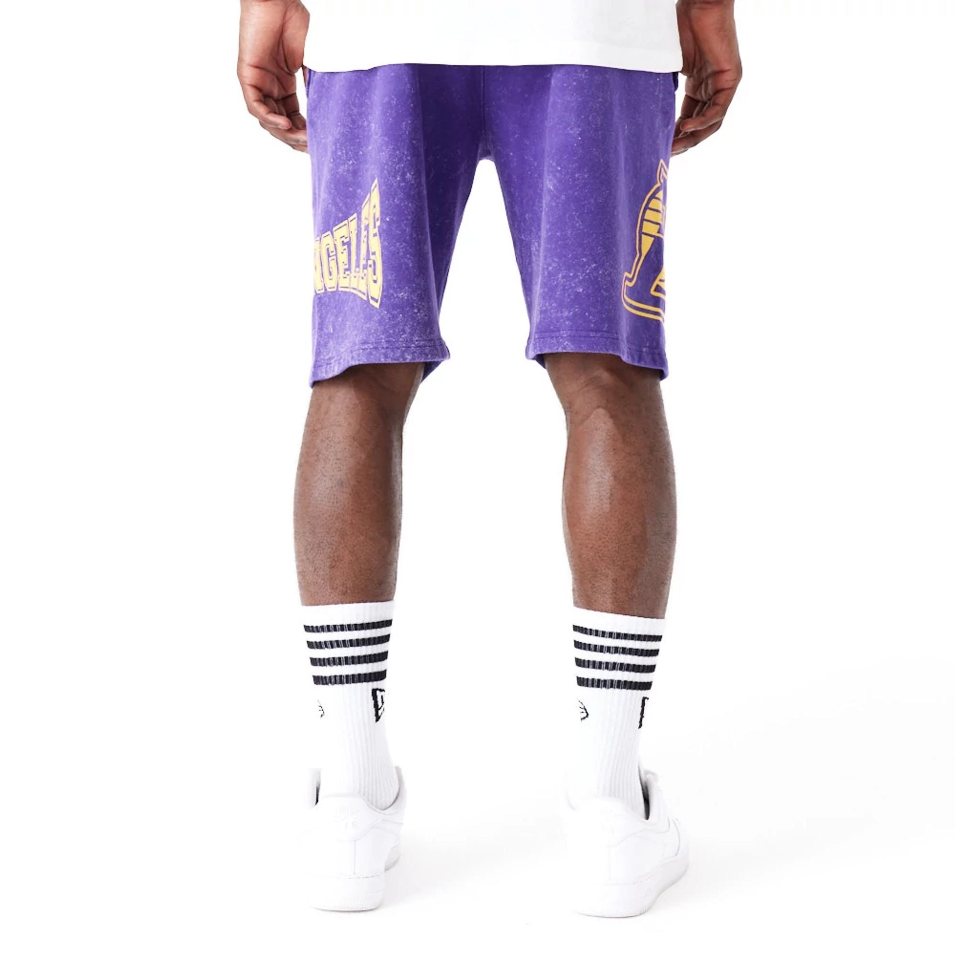 The Male model is wearing LA Lakers NBA Washed Purple Shorts 2