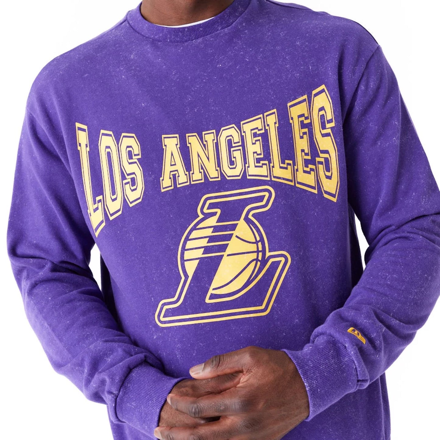 The Male model is wearing LA Lakers NBA Washed Purple Crew Neck Sweatshirt 4