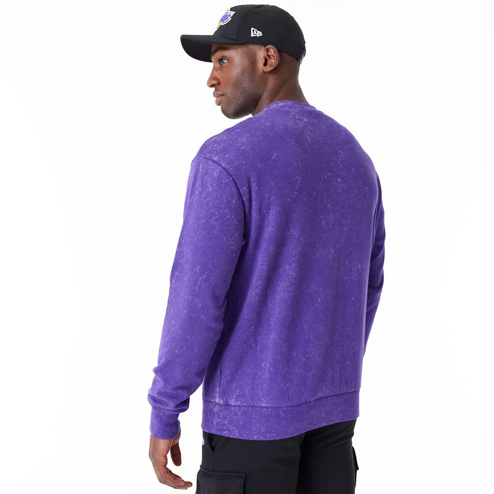 The Male model is wearing LA Lakers NBA Washed Purple Crew Neck Sweatshirt 5