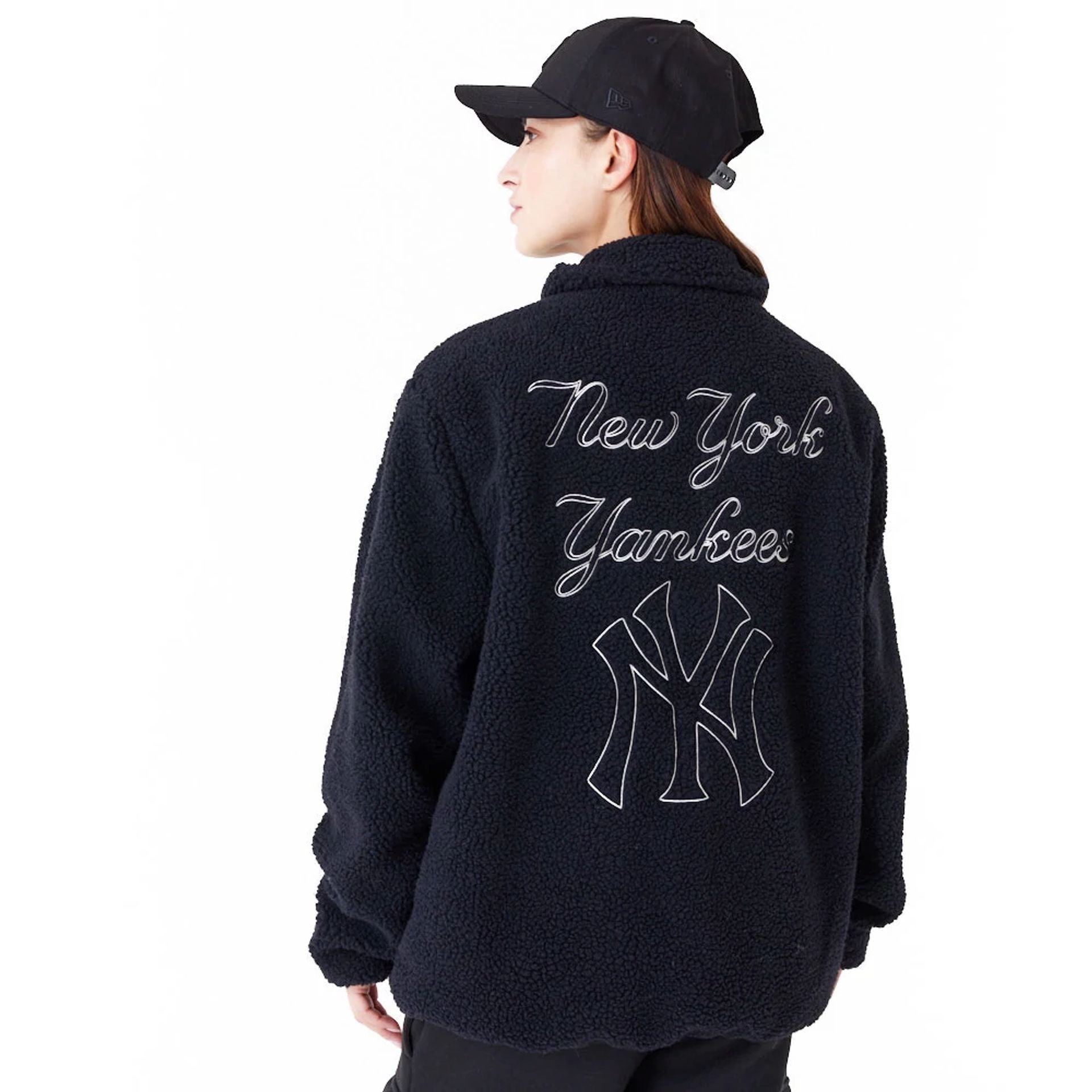 The Male model is wearing New York Yankees MLB Navy Sherpa Jacket 3