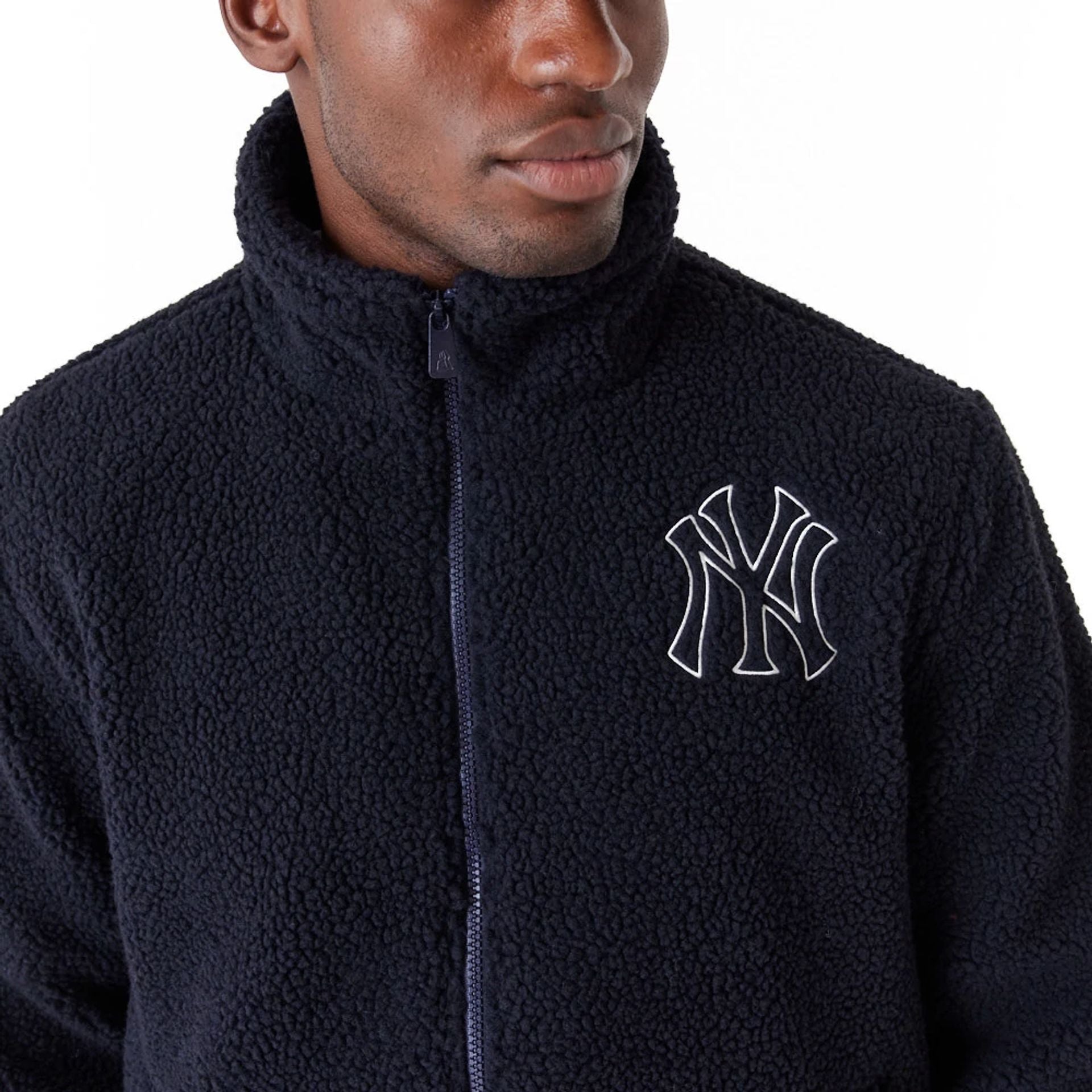 The Male model is wearing New York Yankees MLB Navy Sherpa Jacket 6