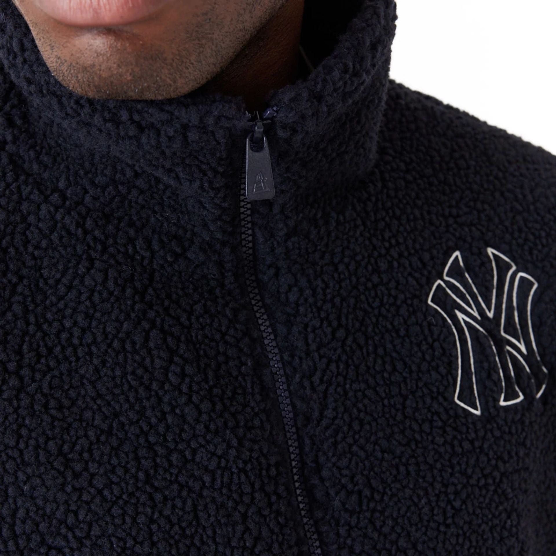 The Male model is wearing New York Yankees MLB Navy Sherpa Jacket 7