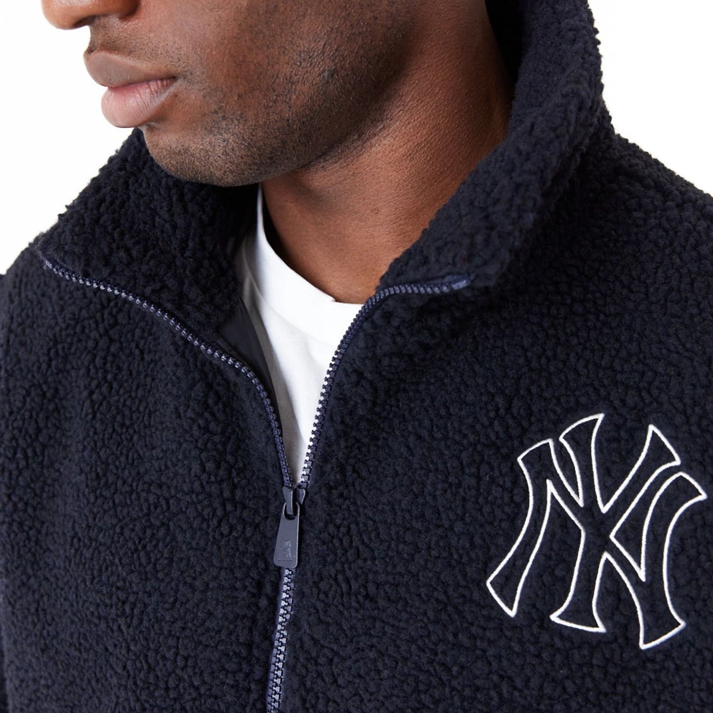 The Male model is wearing New York Yankees MLB Navy Sherpa Jacket 8