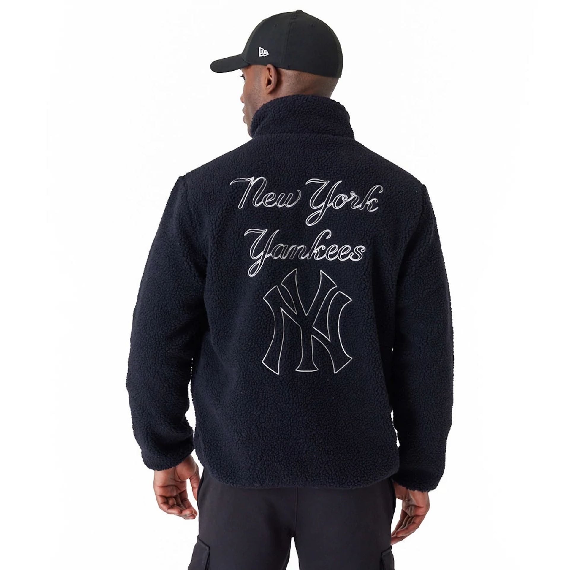 The Male model is wearing New York Yankees MLB Navy Sherpa Jacket 10