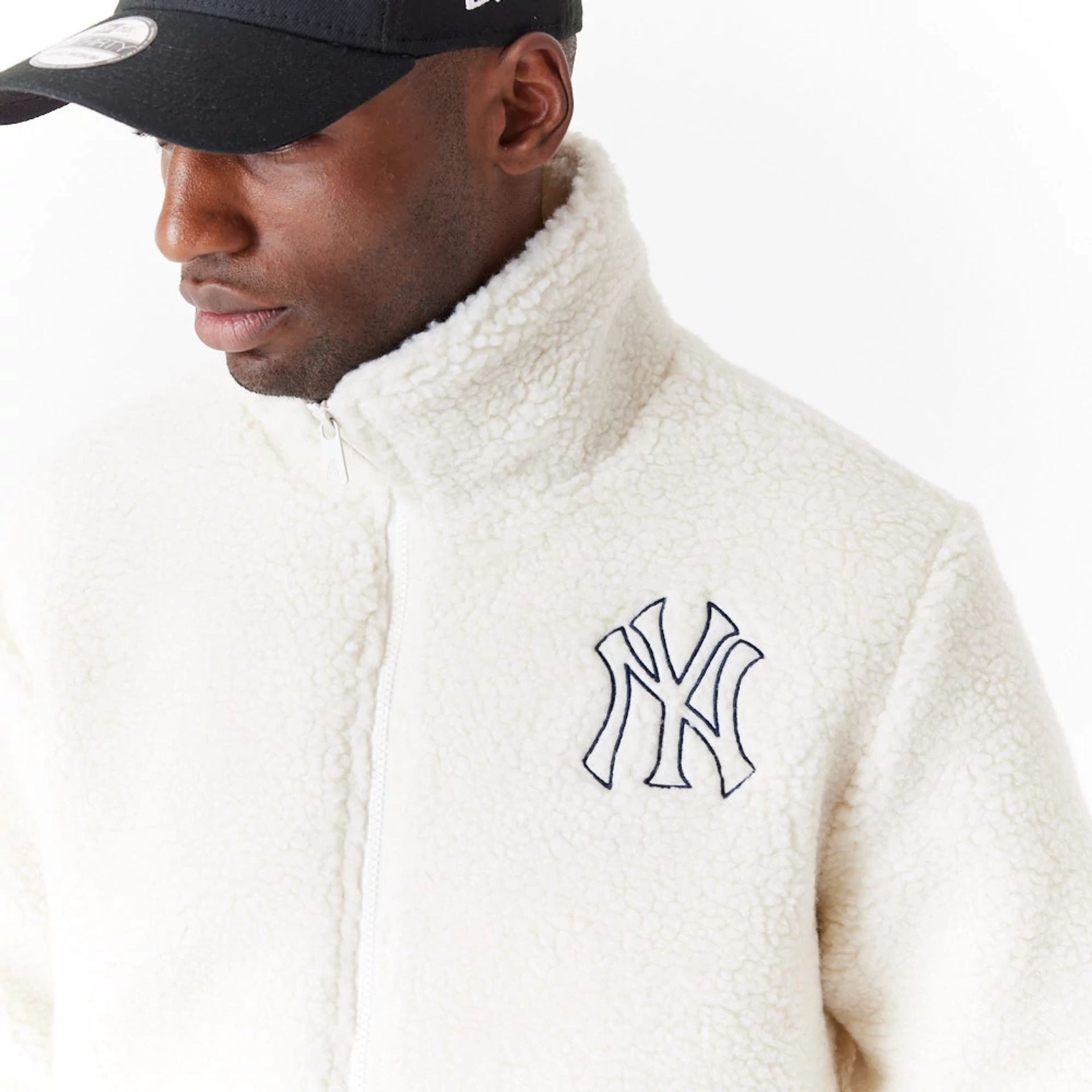 The Male model is wearing New York Yankees MLB White Sherpa Jacket 5