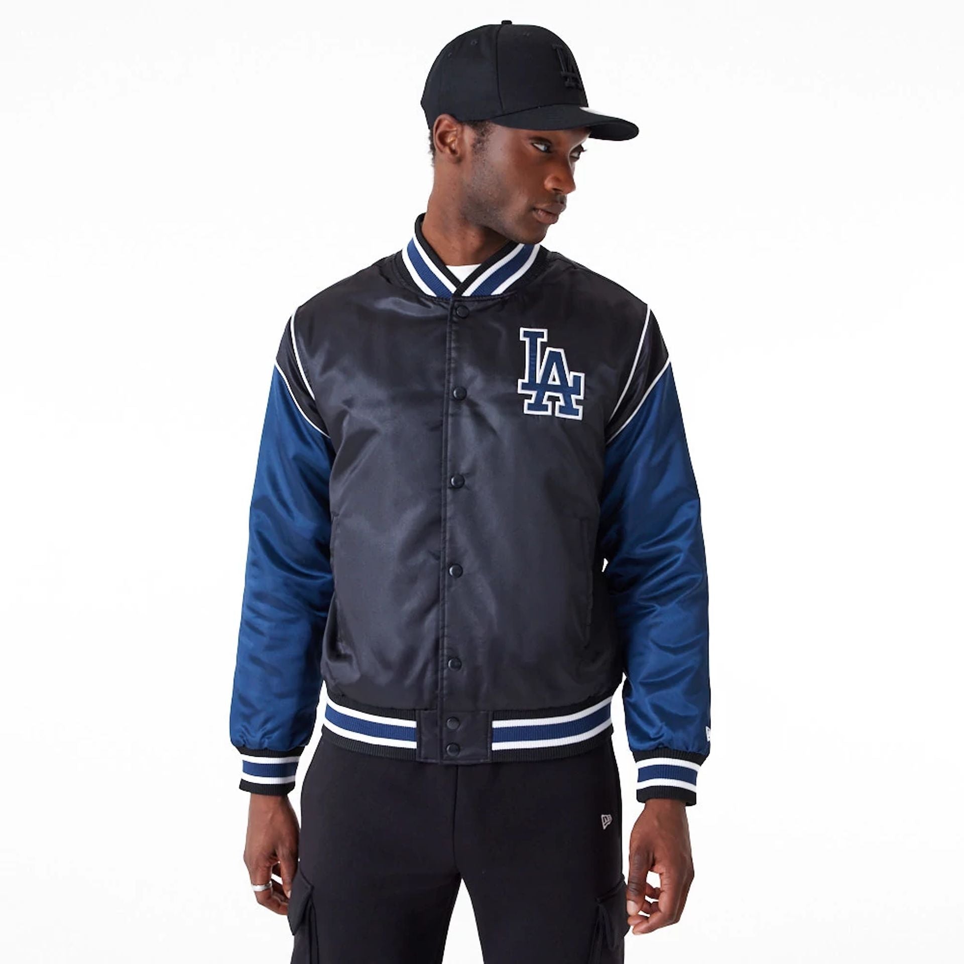 The Male model is wearing LA Dodgers MLB Navy Satin Jacket 1