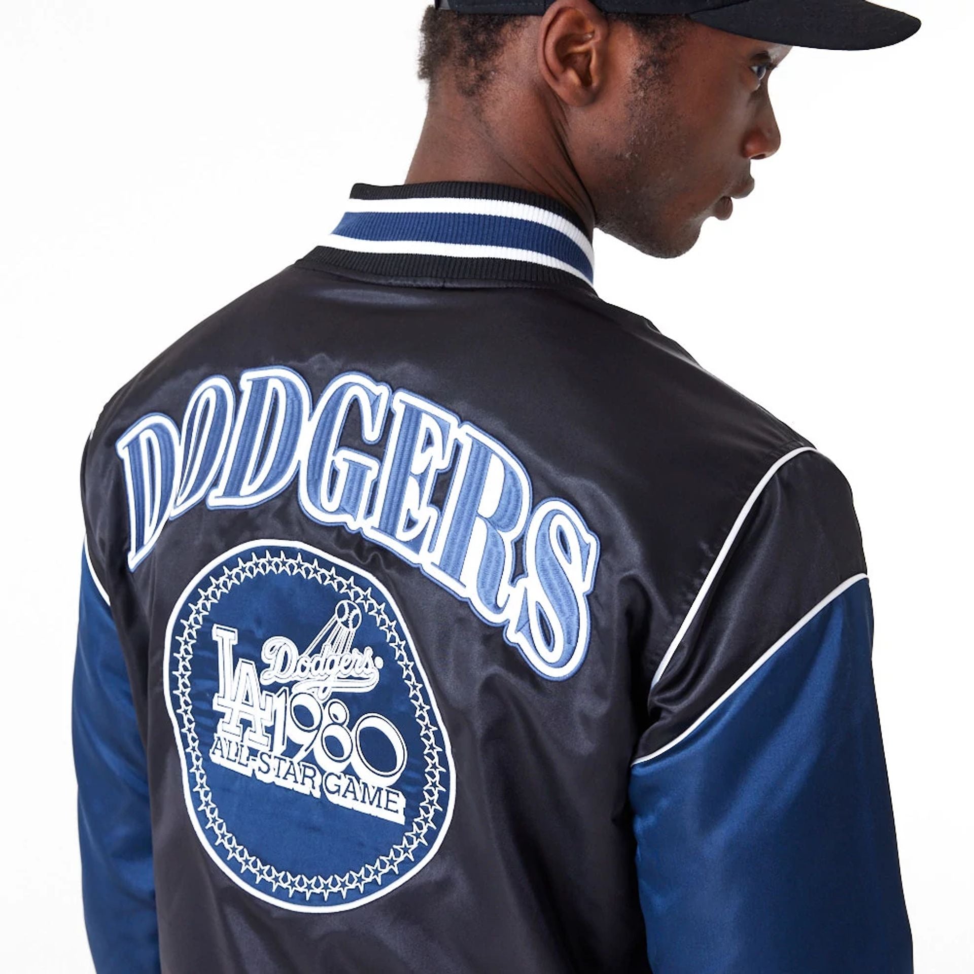 The Male model is wearing LA Dodgers MLB Navy Satin Jacket 2