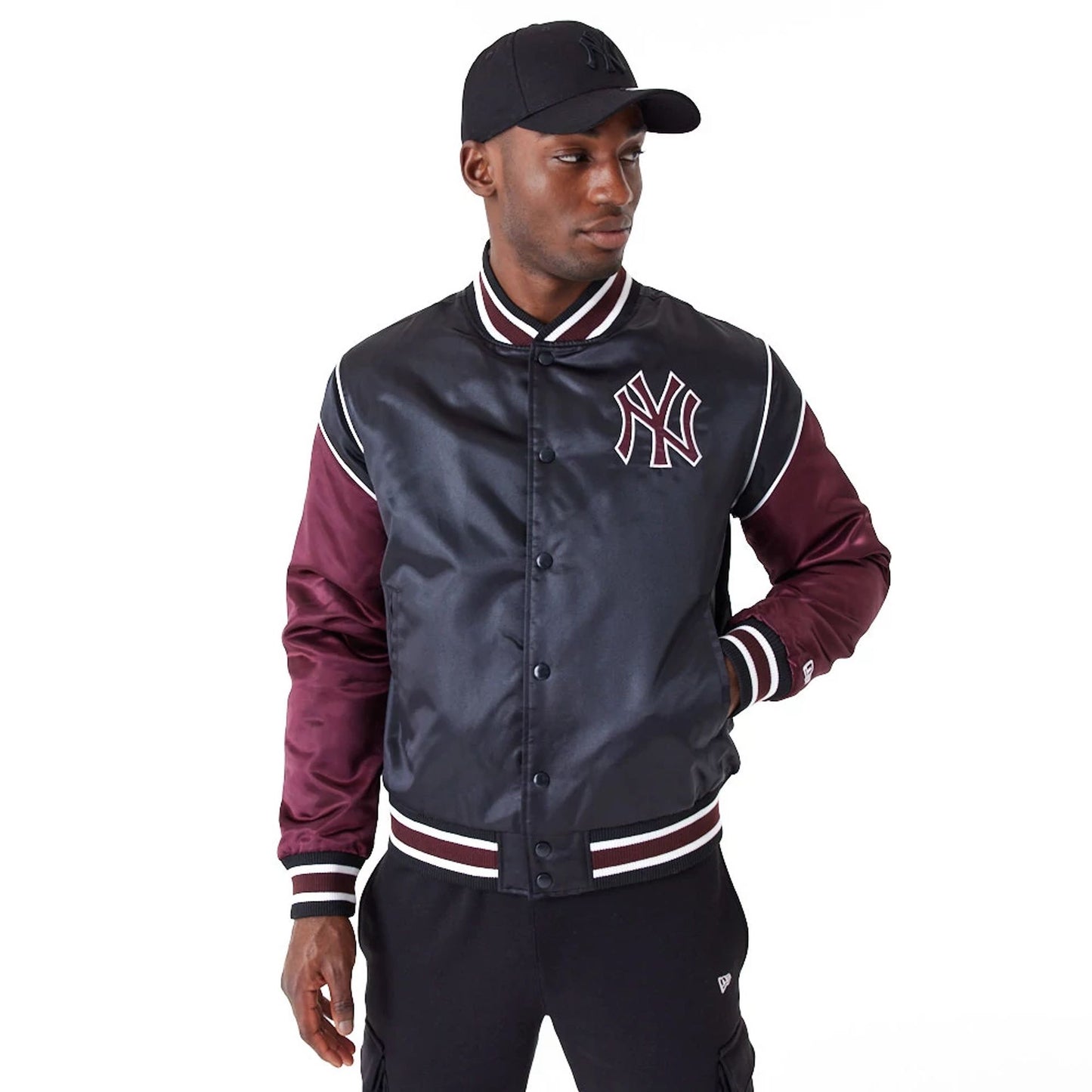 The Male model is wearing New York Yankees MLB Black Satin Jacket 2