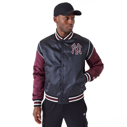 The Male model is wearing New York Yankees MLB Black Satin Jacket 2