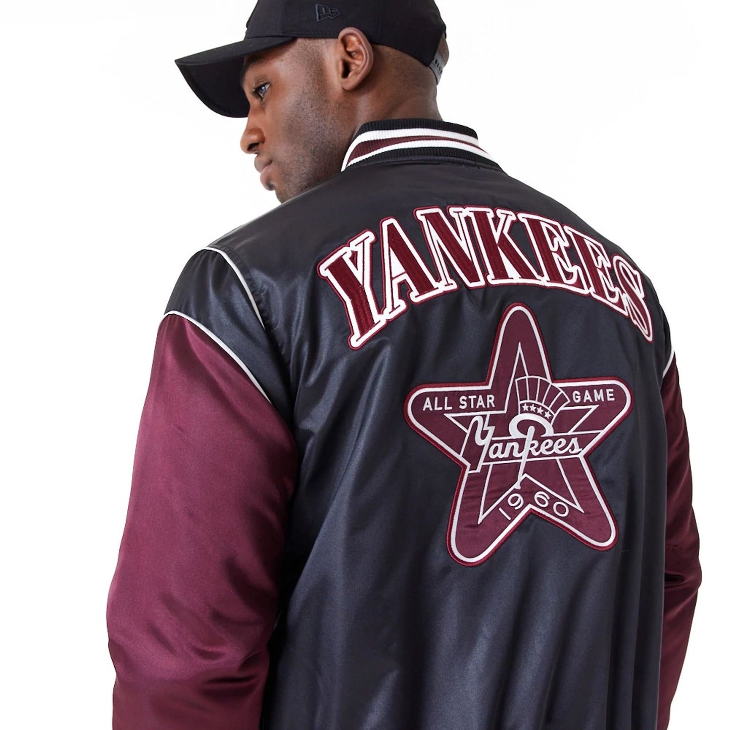 The Male model is wearing New York Yankees MLB Black Satin Jacket 6