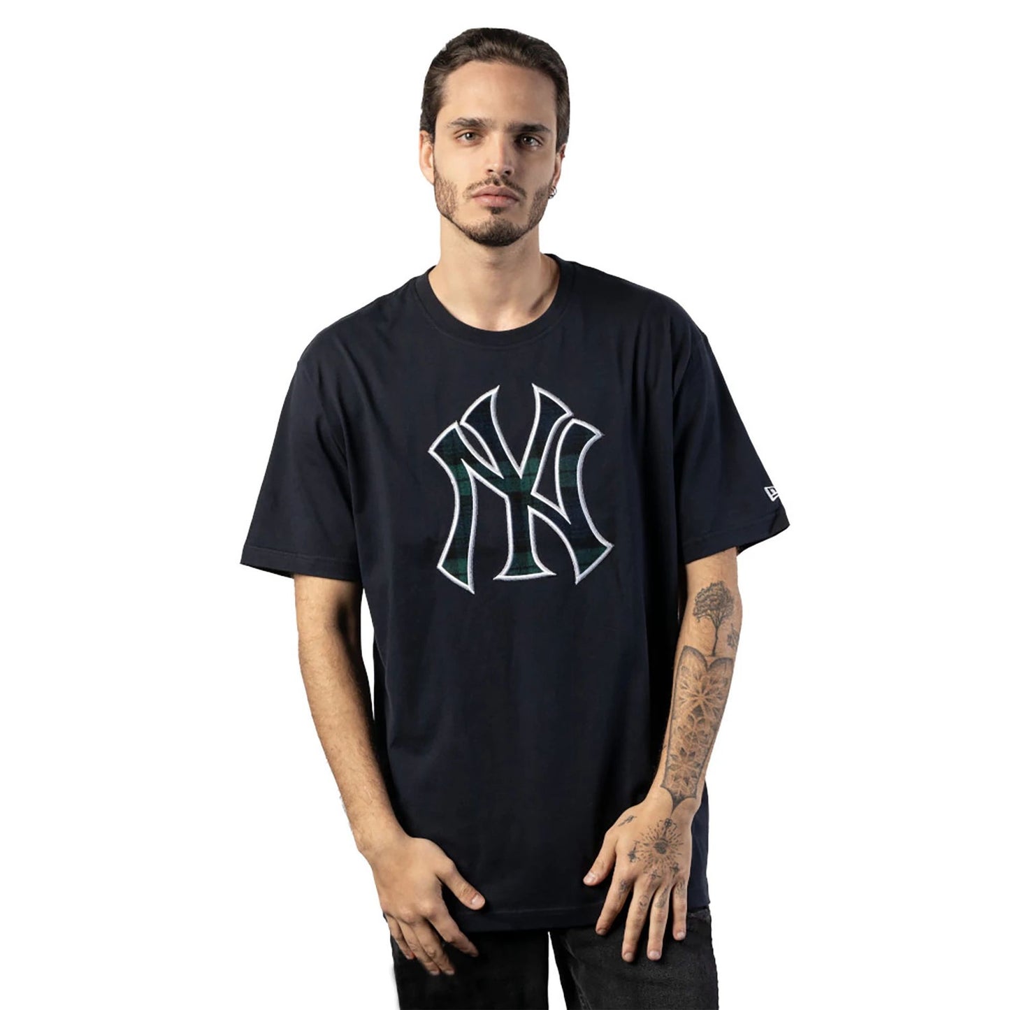 The Male model is wearing New York Yankees Black Watch Tartan Navy T-Shirt 1