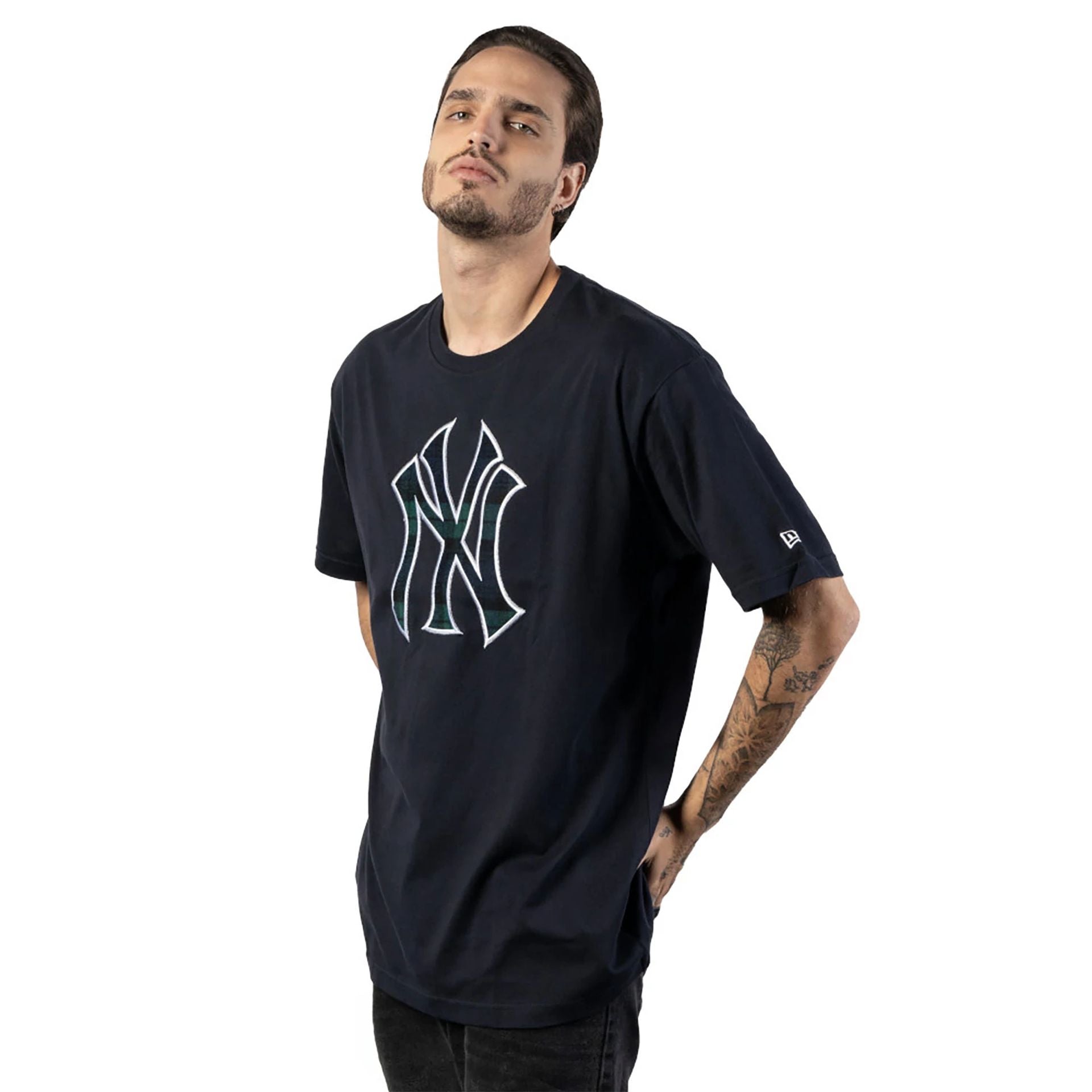 The Male model is wearing New York Yankees Black Watch Tartan Navy T-Shirt 4