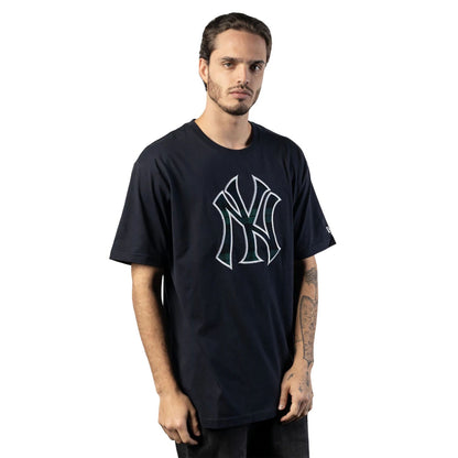 The Male model is wearing New York Yankees Black Watch Tartan Navy T-Shirt 5