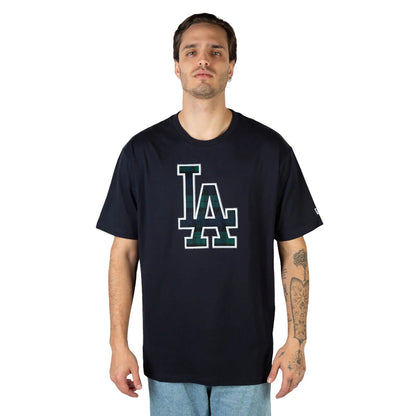 The Male model is wearing LA Dodgers Black Watch Tartan Navy T-Shirt 1