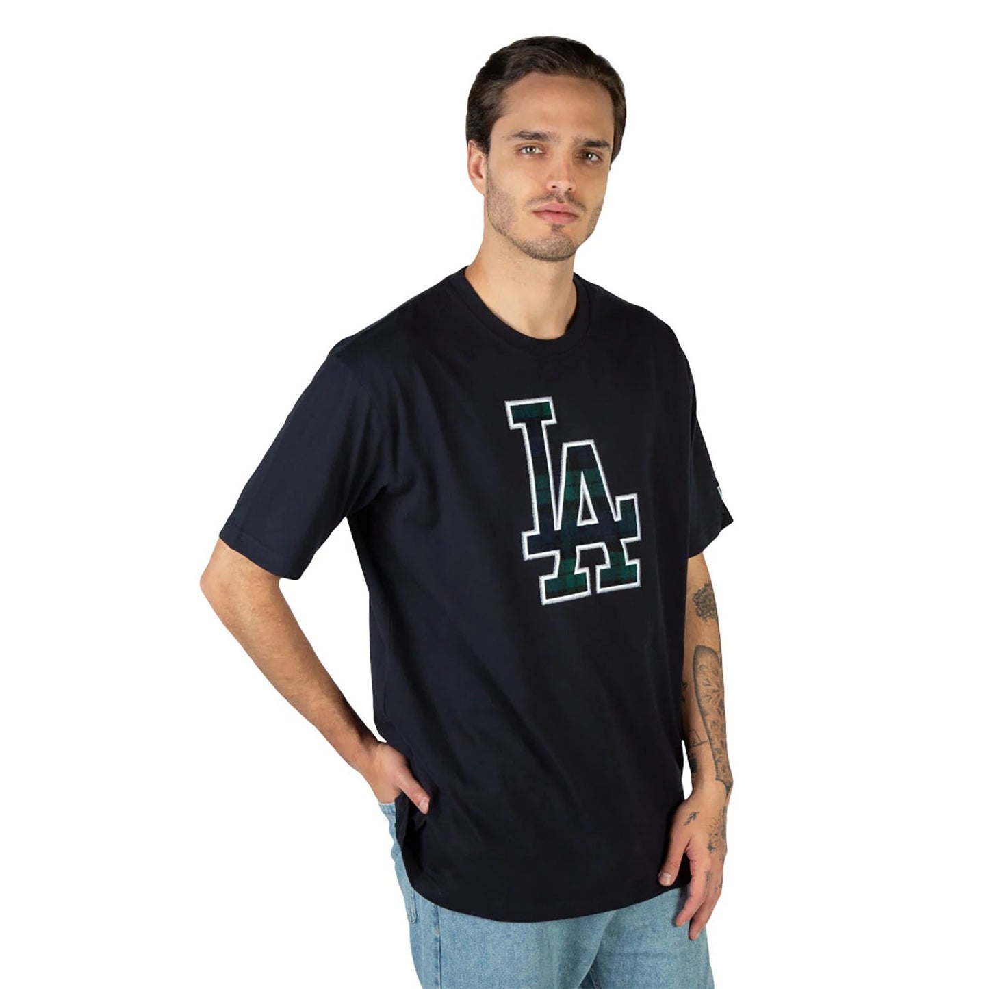 The Male model is wearing LA Dodgers Black Watch Tartan Navy T-Shirt 2