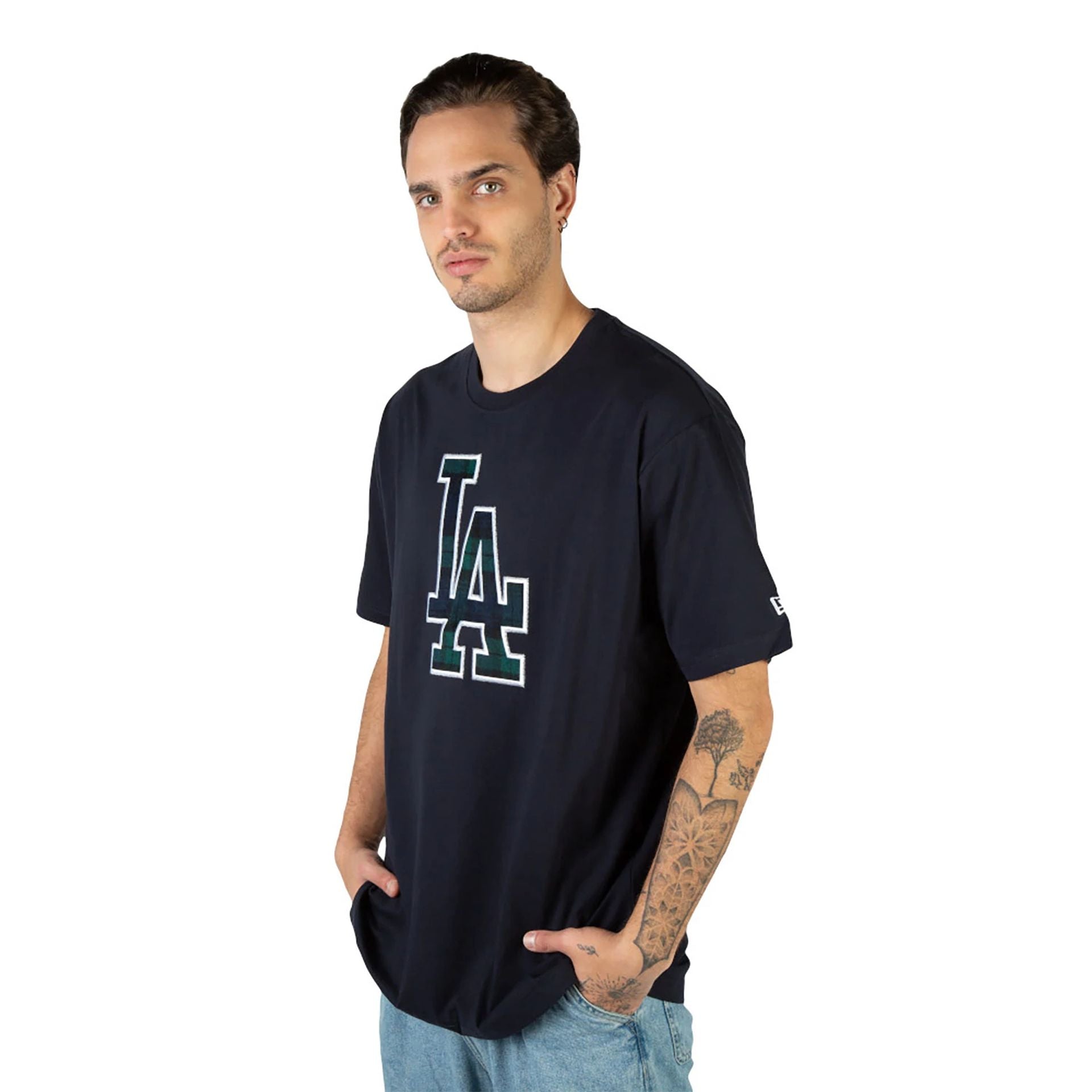 The Male model is wearing LA Dodgers Black Watch Tartan Navy T-Shirt 6