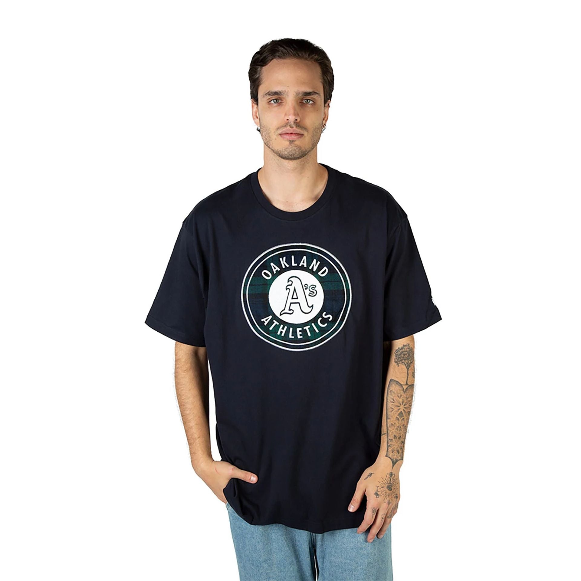 The Male model is wearing Oakland Athletics Black Watch Tartan Navy T-Shirt 1