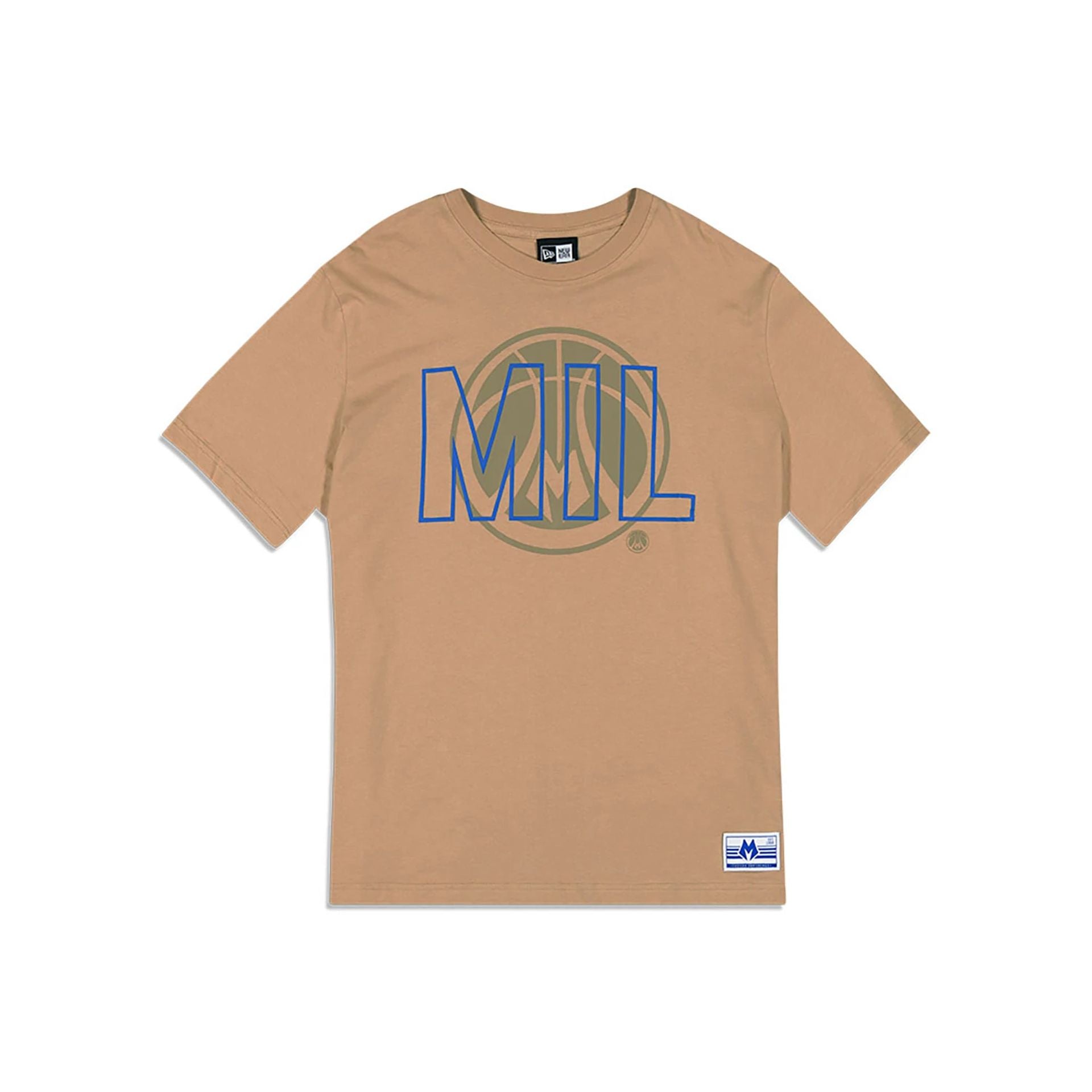 The Male model is wearing Milwaukee Bucks NBA City Edition Light Beige Oversized T-Shirt 1